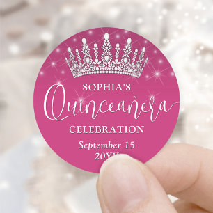 Elegant Sparkles Quinceañera Crown Fuschia Pink Classic Round Sticker