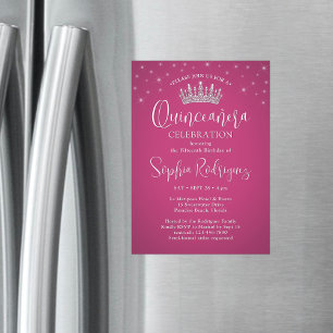 Elegant Sparkles Quinceañera Crown Fuschia Pink Magnetic Invitation
