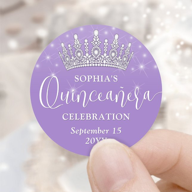 Elegant Sparkles Quinceañera Crown Lilac Purple Classic Round Sticker (Creator Uploaded)