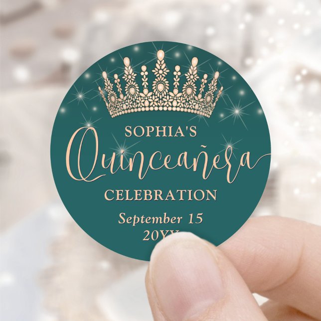 Elegant Sparkles Rose Gold Quinceañera Crown Green Classic Round Sticker (Creator Uploaded)