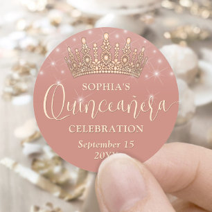 Elegant Sparkles Rose Gold Quinceañera Crown Pink Classic Round Sticker