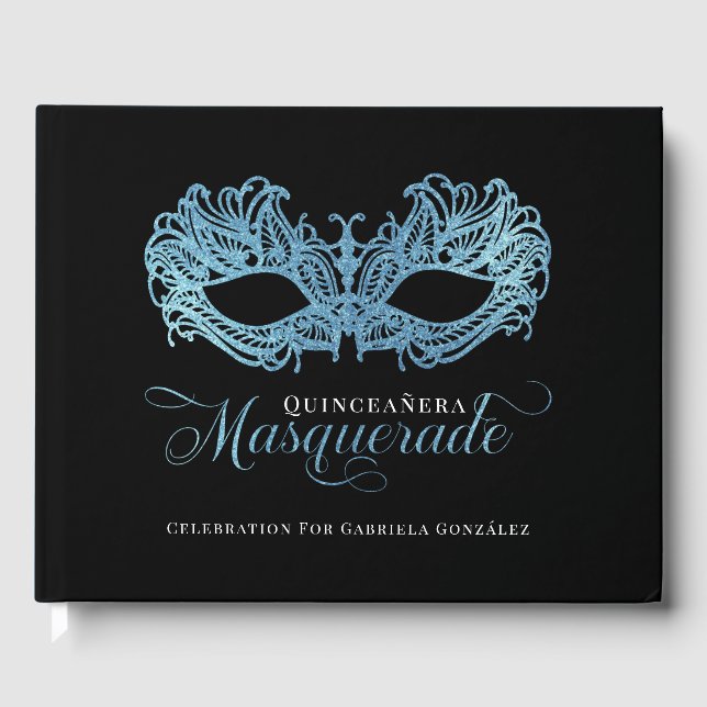 Elegant Sparkling Blue Masquerade Quinceanera Guest Book (Front)