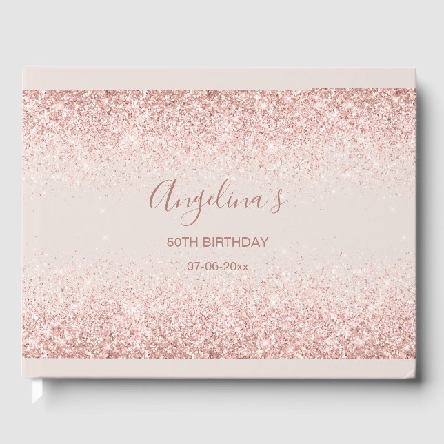 Elegant Sparkling Blush Birthday Guest Book (Front)
