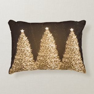 Elegant Sparkling Christmas Trees Gold Brown Decorative Cushion