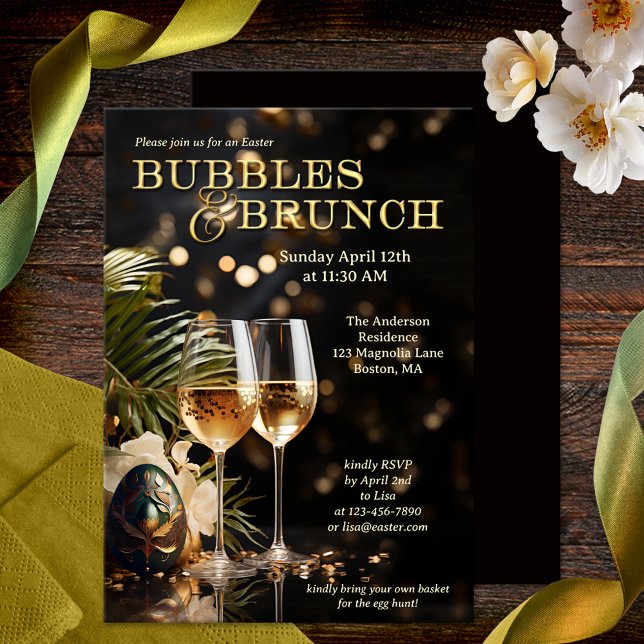 Elegant Sparkling Easter Bubbles and Brunch Invitation (Stylish and festive Easter Bubbles & Brunch invitation showing two glasses of sparkling wine and egg)