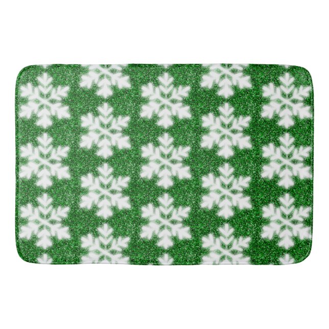 Elegant sparkling glitter green frosty snowflake bath mat (Front)