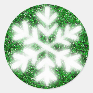 Elegant sparkling glitter green frosty snowflake classic round sticker