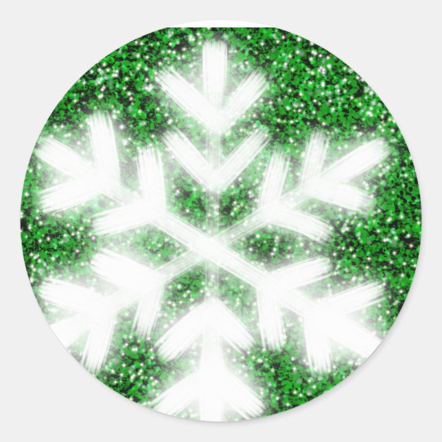 Elegant sparkling glitter green frosty snowflake classic round sticker (Front)