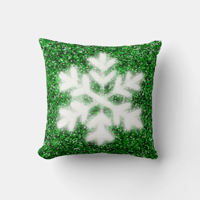 Elegant sparkling glitter green frosty snowflake cushion (Front)