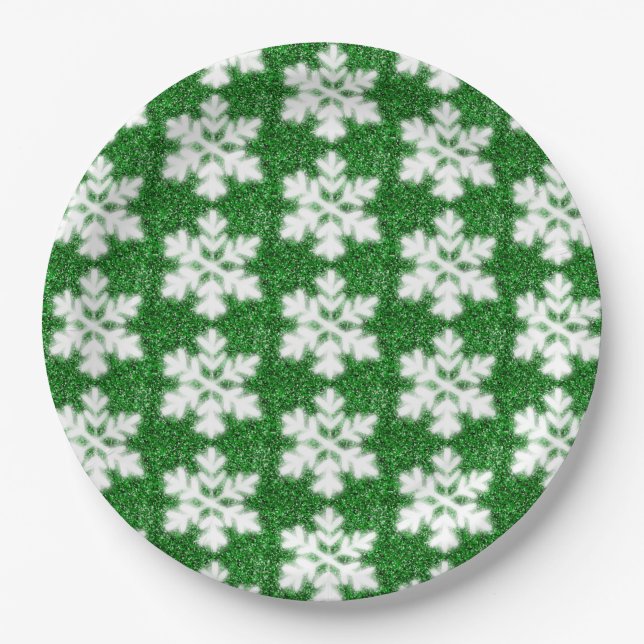 Elegant sparkling glitter green frosty snowflake paper plate (Front)