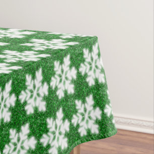 Elegant sparkling glitter green frosty snowflake tablecloth