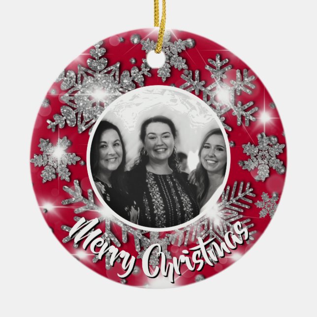 Elegant sparkling glitter snowflake personalise ceramic tree decoration (Front)