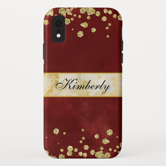Elegant Sparkling Gold and Burgundy Monogrammed Case-Mate iPhone Case (Back)