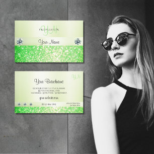 Elegant Sparkling Grass Green Glitter and Monogram Business Card