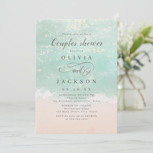 Elegant sparkling ocean beach couples shower invitation (Standing Front)