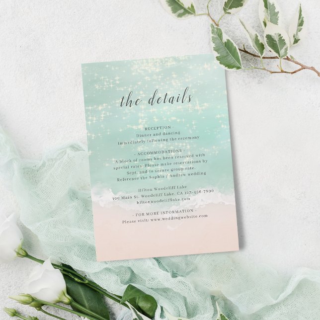 Elegant sparkling ocean beach wedding details enclosure card (Elegant sparkling ocean beach wedding details enclosure card)