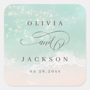 Elegant sparkling ocean beach wedding favour square sticker