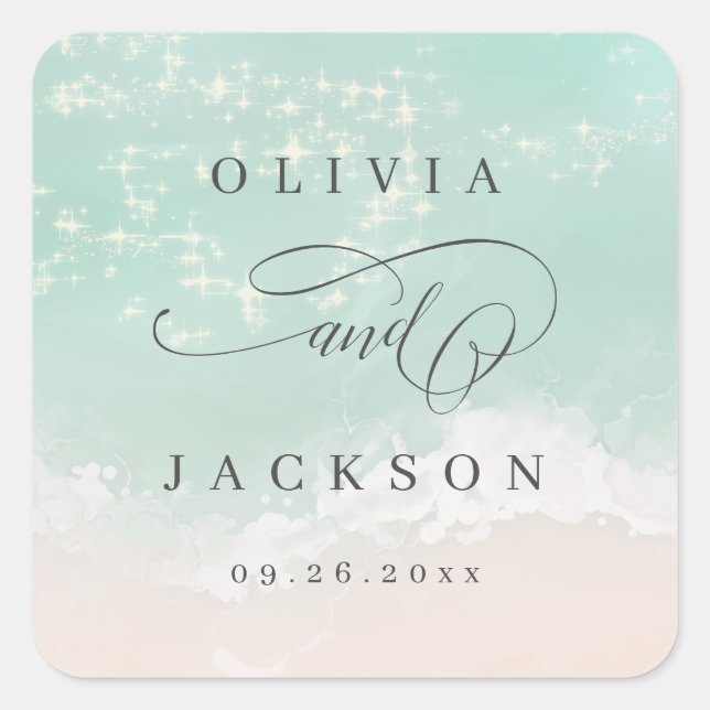 Elegant sparkling ocean beach wedding favour square sticker (Front)