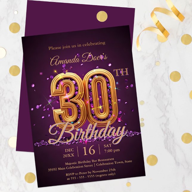 Elegant Sparkling Purple and Gold 30th Birthday Invitation (Creator Uploaded)