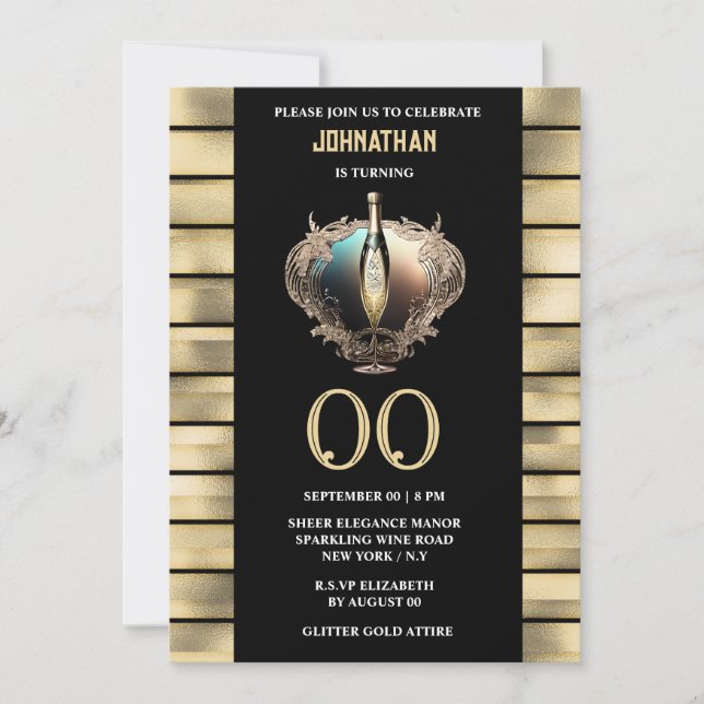 Elegant sparkling wine black gold celebration invitation (Front)