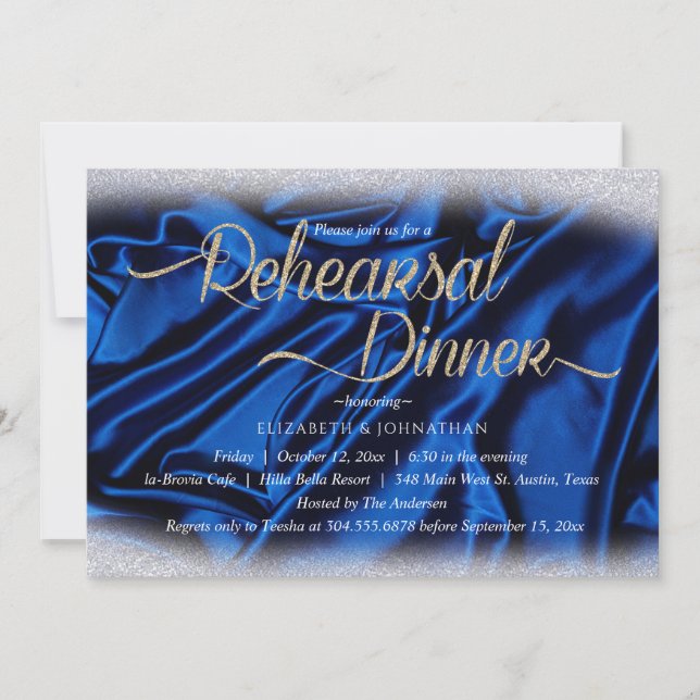 Elegant Sparkly Blue Calligraphy Rehearsal Dinner Invitation (Front)