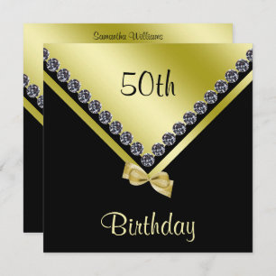 Elegant Sparkly Diamonds & Gold Bow 50th Birthday Invitation