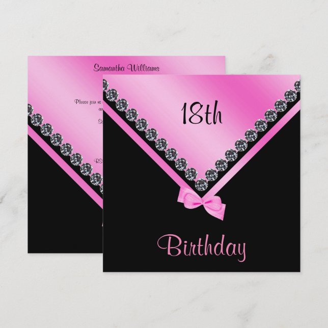 Elegant Sparkly Diamonds & Pink Bow 18th Birthday Invitation (Front/Back)