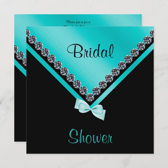Elegant Sparkly Diamonds & Teal Bow Bridal Shower Invitation (Front/Back)