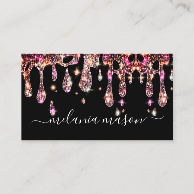 Elegant Sparkly Glitter Drips Makeup Artist Black  Business Card (Front)