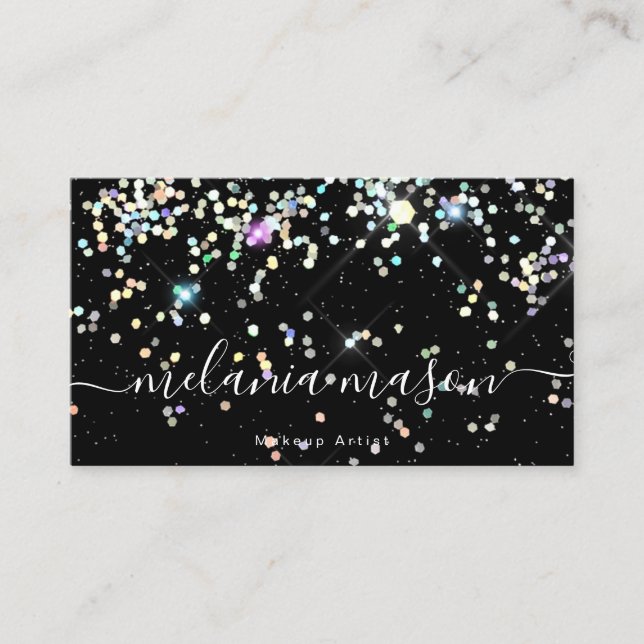 Elegant Sparkly Holographic Glitter Beauty Black B Business Card (Front)