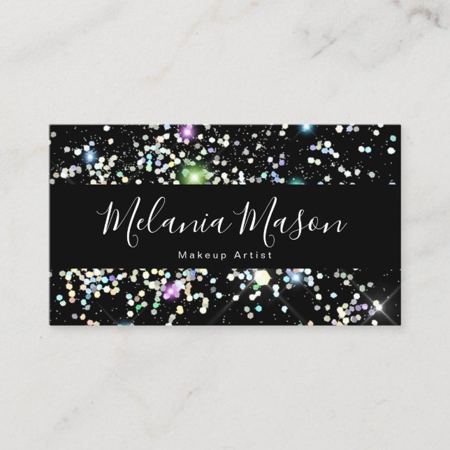 Elegant Sparkly Holographic Glitter Beauty Black Business Card (Front)