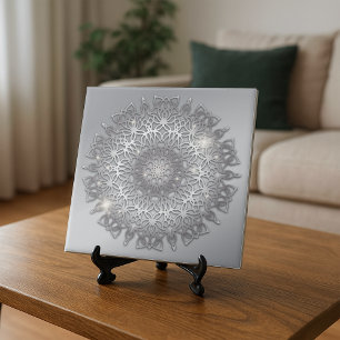 Elegant Sparky Glowing Silver Metallic Mandala Art Tile