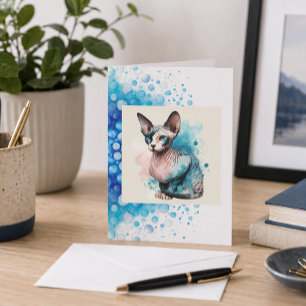 Elegant Sphinx Cat Card Blue Watercolor Modern Pet