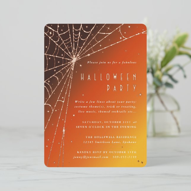 Elegant Spider Web Halloween Party Foil Invitation (Standing Front)