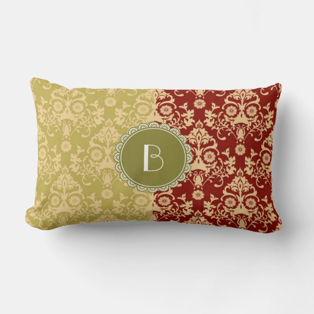 Elegant Split Damask Pattern with Monogram Lumbar Cushion (Front)