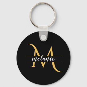 Elegant Split Monogram Gold Black Custom Name   Key Ring