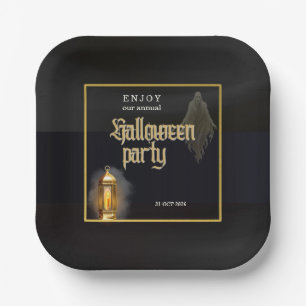 Elegant Spooky Black Gold Lantern Halloween Party Paper Plate