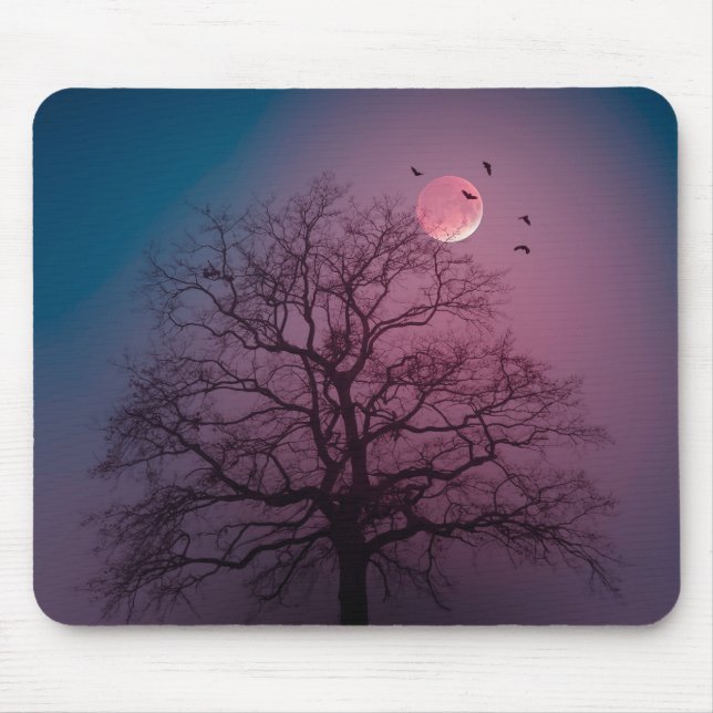 Elegant Spooky Halloween Theme Tree Moon Artwork Mouse Pad (Front)
