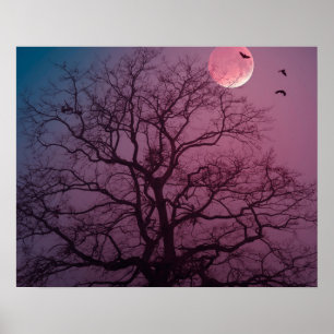 Elegant Spooky Halloween Theme Tree Moon Artwork Poster