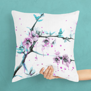 Elegant Spring blossom Pink floral Watercolor art Cushion