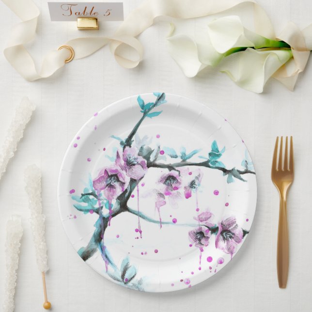 Elegant Spring blossom Pink floral Watercolor Paper Plate (Wedding)