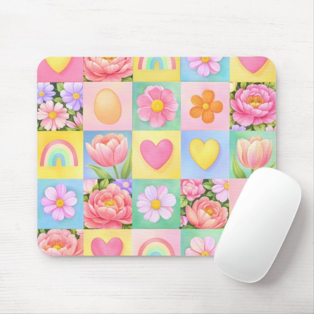Elegant Spring Blossoms Heart Checkerboard Pattern Mouse Pad (With Mouse)