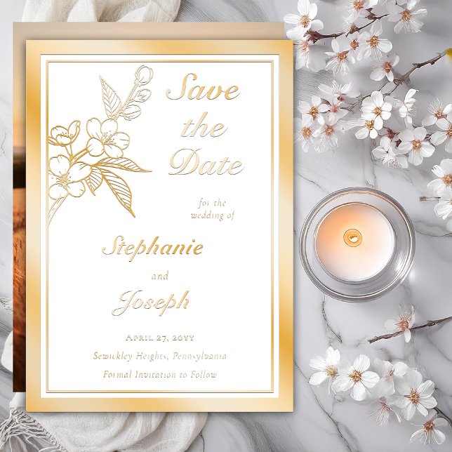 Elegant Spring Blossoms Photo White Save the Date (Elegant Line Art Spring Blossoms Floral | Back Photo Wedding Gold Foil on White Save the Dates)