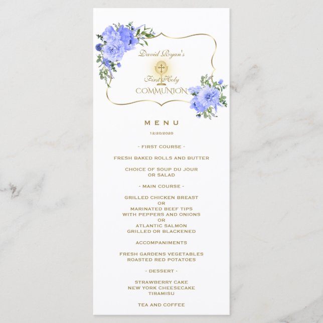 Elegant Spring Blue Floral Gold Holy Communion Menu (Front)
