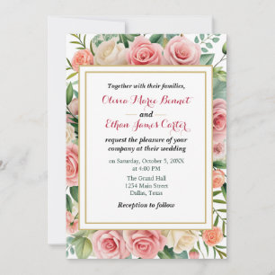 Elegant spring Blush Floral Gold Frame Wedding  Invitation