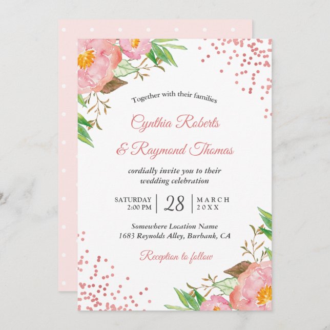 Elegant Spring Blush Pink Floral Confetti Wedding Invitation (Front/Back)
