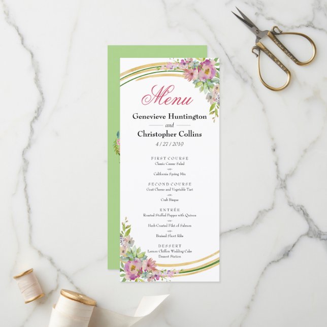 Elegant Spring Boho Floral Gold Reception Menu (Front/Back In Situ)