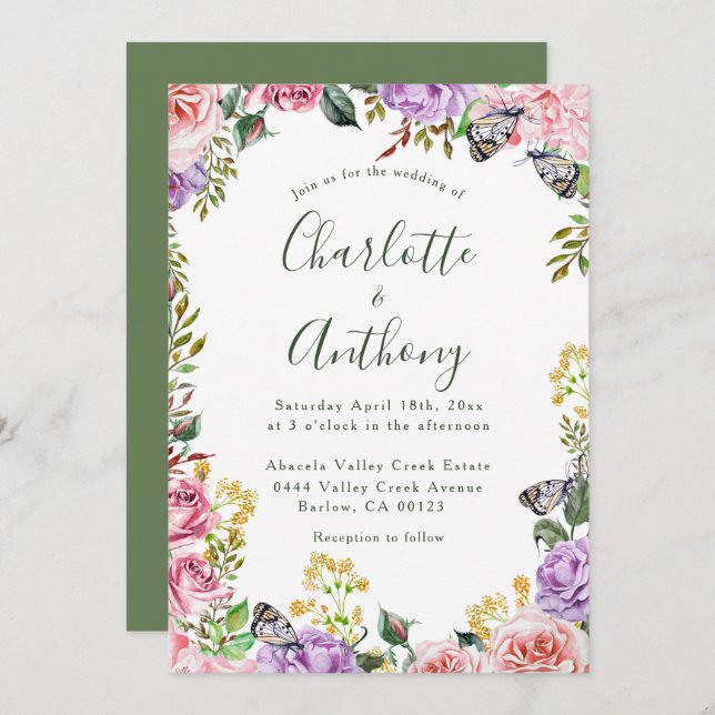 Elegant Spring Butterfly Floral Wedding Invitation (Front/Back)