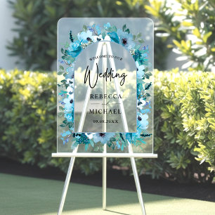 Elegant spring dusty blue floral wedding welcome  acrylic sign