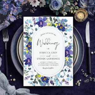 Elegant spring dusty blue purple floral wedding invitation